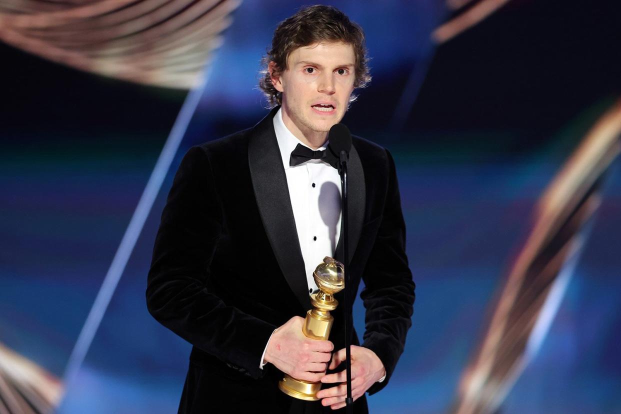 Evan Peters accepts the Best Actor in a Limited or Anthology Series or Television Film award for "Dahmer – Monster: The Jeffrey Dahmer Story" onstage at the 80th Annual Golden Globe Awards held at the Beverly Hilton Hotel on January 10, 2023 in Beverly Hills, California.
