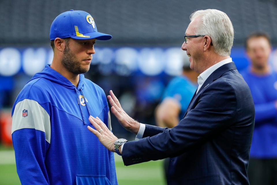 Detroit Lions president Rod Wood talks to Los Angeles Rams quarterback Matthew Stafford before the game between Detroit Lions and Los Angeles Rams at the SoFi Stadium in  Inglewood, California on Sunday, Oct. 24, 2021.