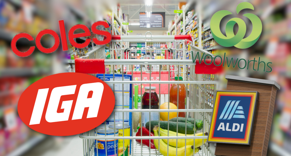 Supermarket trolley with Coles, Woolworths, IGA and Aldi logos