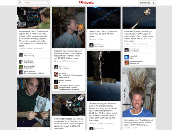 NASA Astronaut Karen Nyberg posts photos depicting her life onboard the International Space Station to Pinterest, a social media website. Image released Aug. 13.
