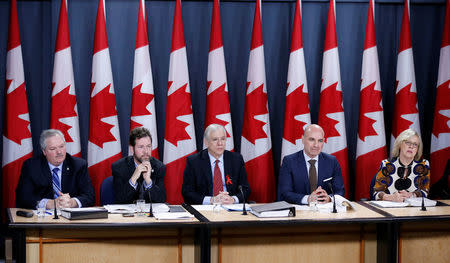 Members of the Special Committee on Electoral Reform, Bloc Quebecois MP Luc Theriault (L-R), Conservative MP Scott Reid, Liberal MP Francis Scarpaleggia, NDP MP Nathan Cullen and Green Party leader Elizabeth May, take part in a news conference in Ottawa, Ontario, Canada, December 1, 2016. REUTERS/Chris Wattie