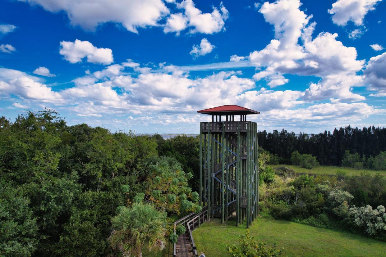 An aerial view of the Observation Tower at the Chain of Lakes Park in Titusville, Florida