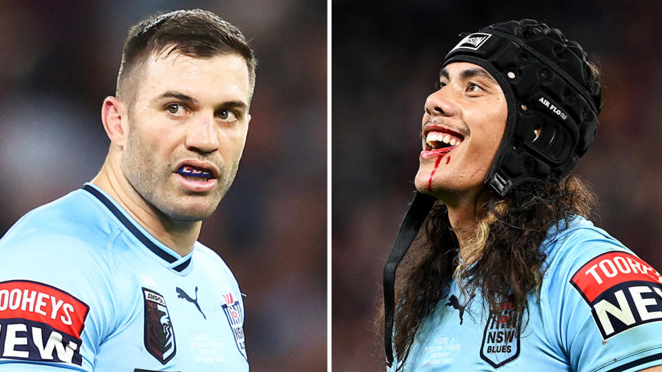 James Tedesco reacts during a game and Jarome Luai smiles during Origin.