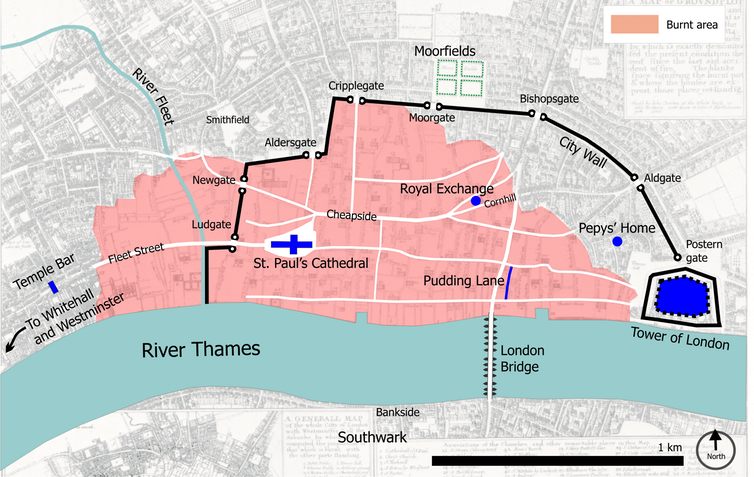 <span class="caption">This map shows how far the Great Fire of London spread.</span> <span class="attribution"><a class="link " href="https://en.wikipedia.org/wiki/Great_Fire_of_London#/media/File:Great_fire_of_london_map.png" rel="nofollow noopener" target="_blank" data-ylk="slk:Bunchofgrapes/Wikimedia Commons.;elm:context_link;itc:0;sec:content-canvas">Bunchofgrapes/Wikimedia Commons.</a></span>