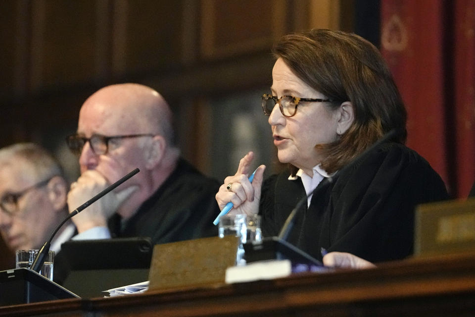 Indiana Chief Justice Loretta Rush speaks during a Supreme Court hearing, Thursday, Jan. 19, 2023, in Indianapolis. A top state lawyer urged the Indiana Supreme Court to uphold the state's Republican-backed abortion ban, even as the justices weighed whether they should decide its constitutionality before lower courts have fully considered the case. (AP Photo/Darron Cummings, Pool)