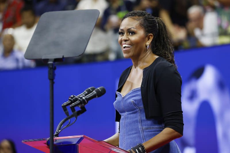 Former first lady Michelle Obama speaks when tennis icon Billie Jean King is honored for her role in 50 years of equal pay in Arthur Ashe Stadium at the 2023 U.S. Open Tennis Championships at the USTA Billie Jean King National Tennis Center on August 28 in New York City. Obama turns 60 on January 17. File Photo by John Angelillo/UPI