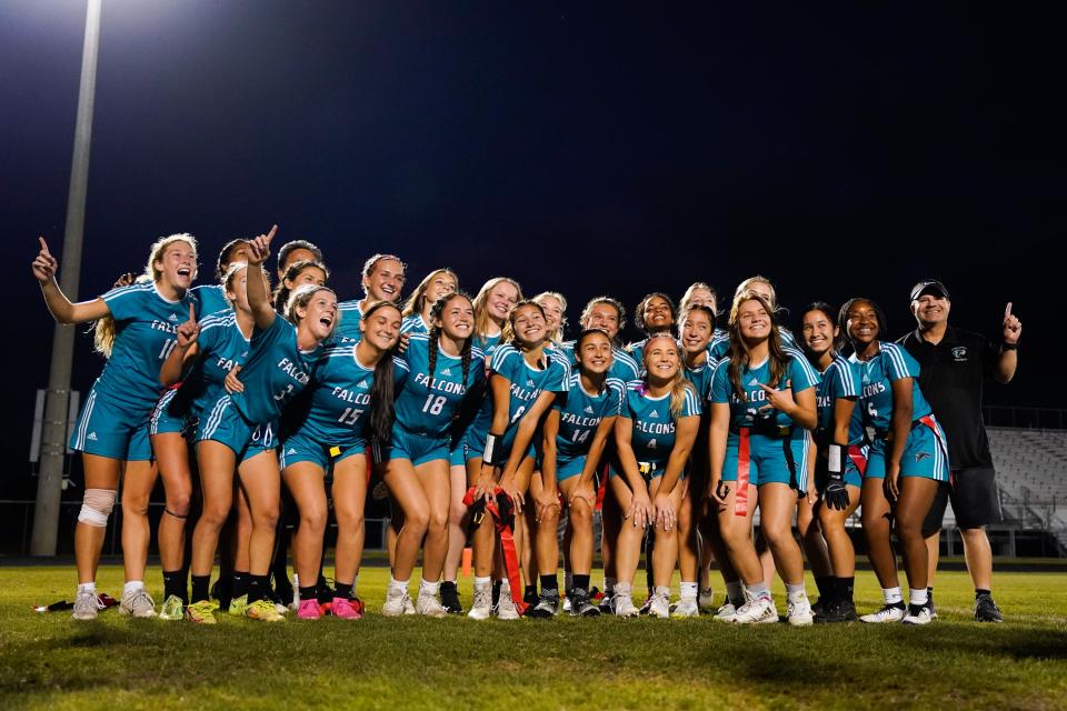 Jensen Beach celebrates their win against Orlando Jones in the Region 3-1A girls high school flag football championship game Monday, May 9, 2022, at Jensen Beach High School. Jensen Beach won 20-14, earning a spot in the flag football state semifinals. 