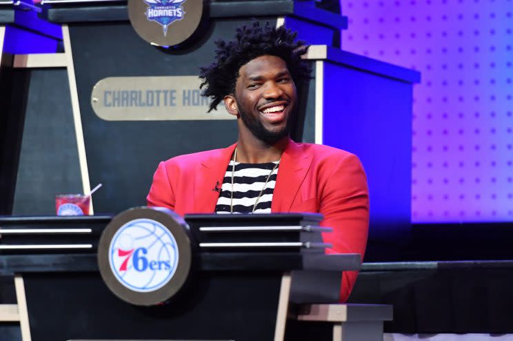 Joel Embiid was all smiles at the NBA draft lottery. (Getty)