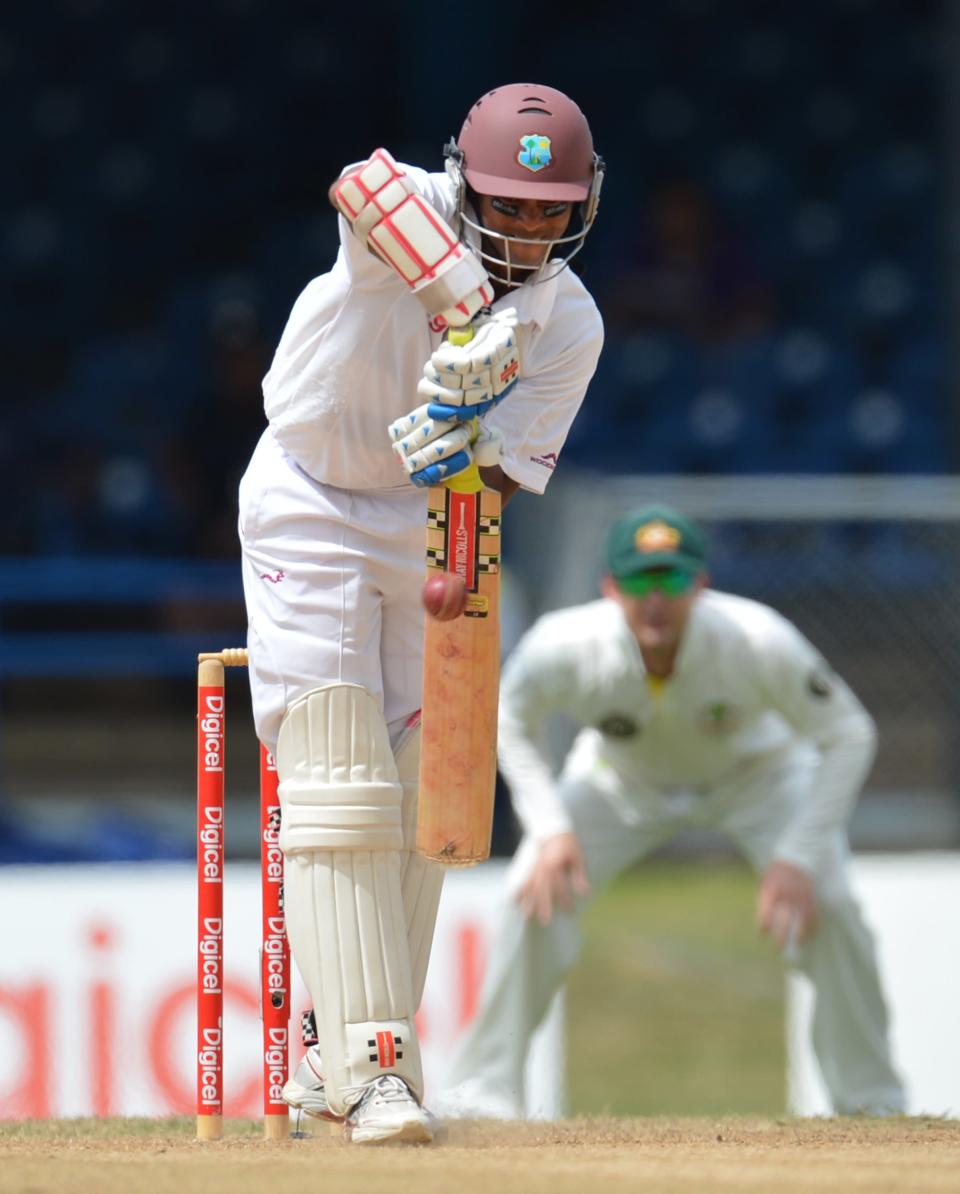 West Indies batsman Shivnarine Chanderpaul plays a shot during the third day of the second-of-three Test matches between Australia and West Indies April 17, 2012 at Queen's Park Oval in Port of Spain, Trinidad. AFP PHOTO/Stan HONDA (Photo credit should read STAN HONDA/AFP/Getty Images)