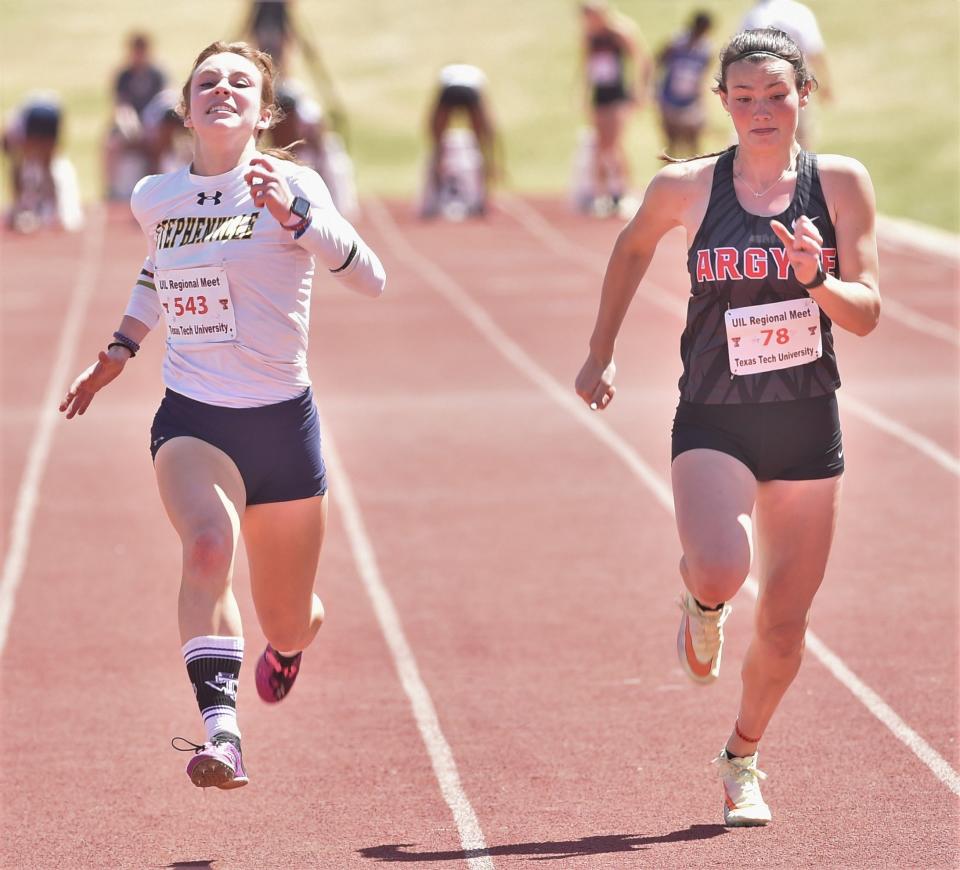 Stephenville's Victoria Cameron, left, battles Argyle's Keira Inman in the 100 meters at the Region I-4A track meet last year at Lowrey Field in Lubbock. Cameron won the race in 12.26 seconds and Inman (12.38) was second.