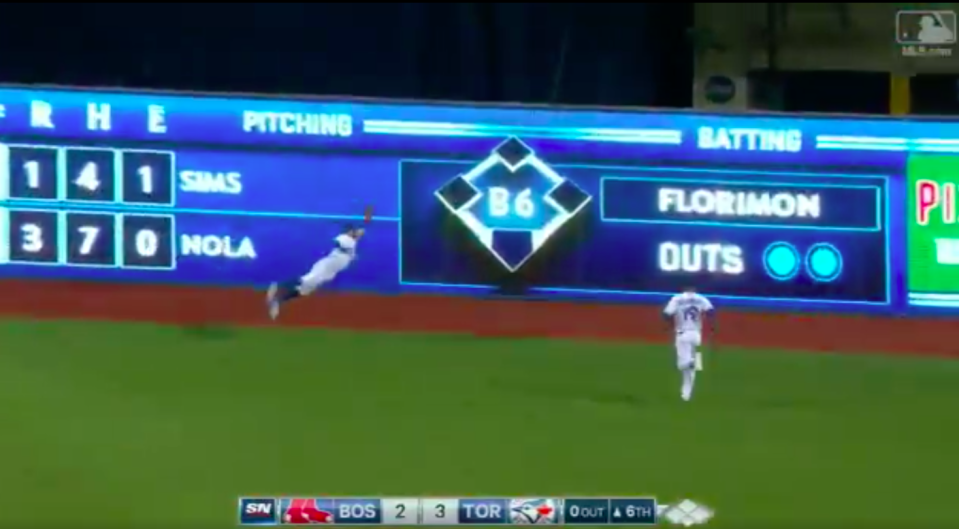 Kevin Pillar went airborne for another great catch. (Screenshot via MLB.com)