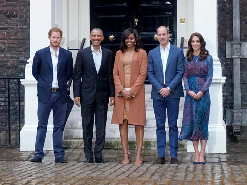 From left: Prince Harry, President Barack Obama, First Lady Michelle Obama, Prince William and Princess Kate