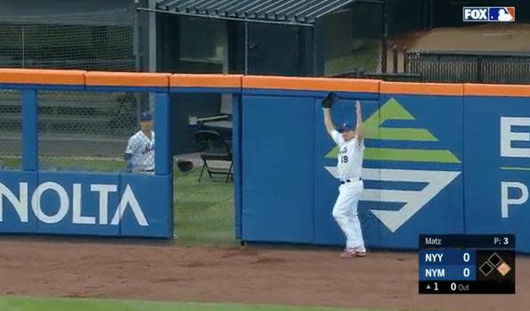 Aaron Hicks of the Yankees was credited with a strange ground-rule thanks to someone leaving the bullpen door open. (MLB.TV)