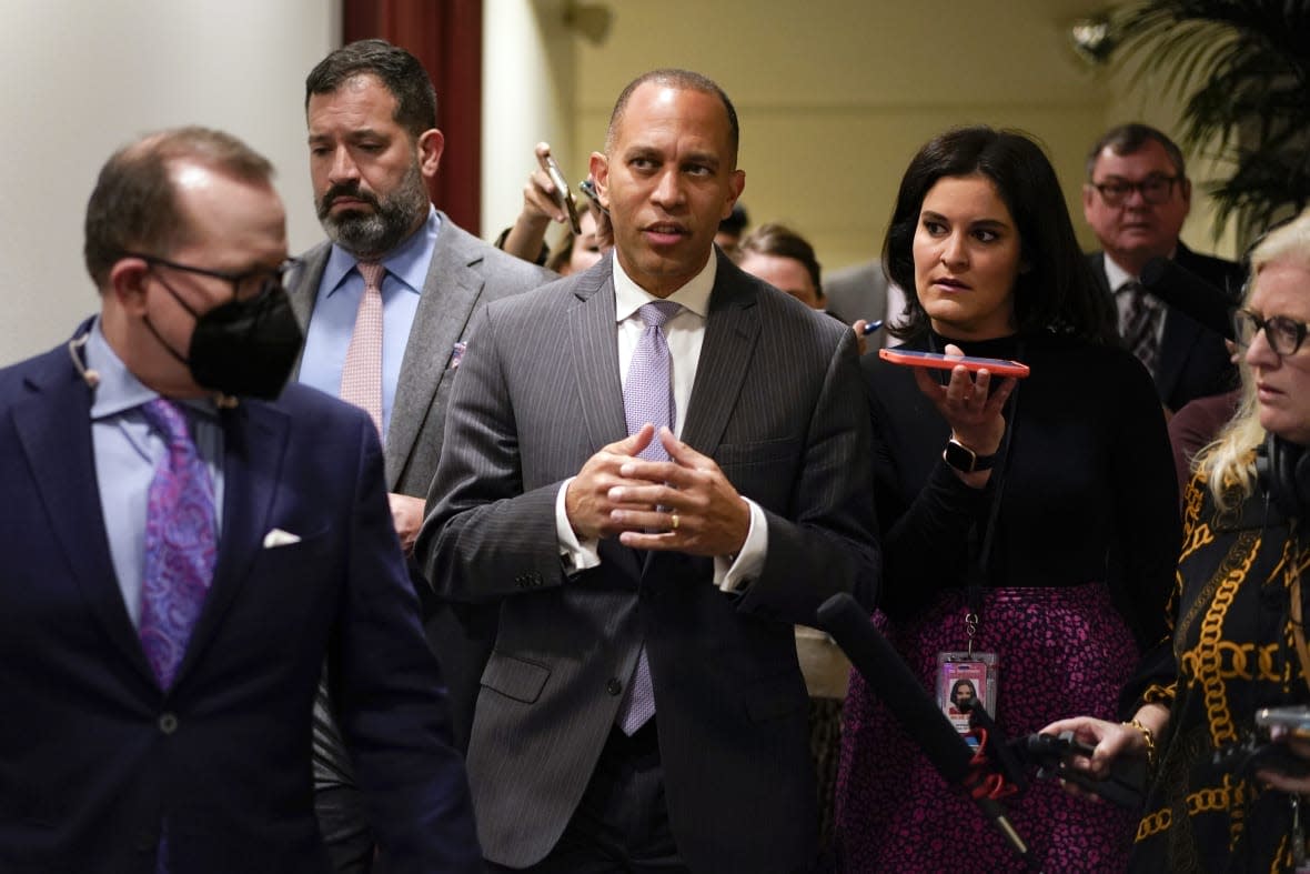 Rep. Hakeem Jeffries, D-N.Y., talks with reporters on Capitol Hill in Washington Thursday, Nov. 17, 2022. (AP Photo/Carolyn Kaster)