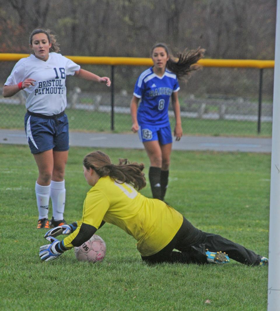 Bristol-Plymouth goalie Brianna Guaraldi makes a save during a Division 3 South quarterfinal match against Dover-Sherborn on Nov. 6, 2016.