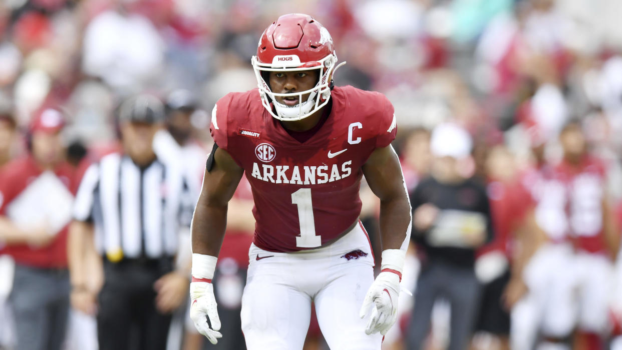 Arkansas defensive back Jalen Catalon is off to a great start in 2021. (AP Photo/Michael Woods).