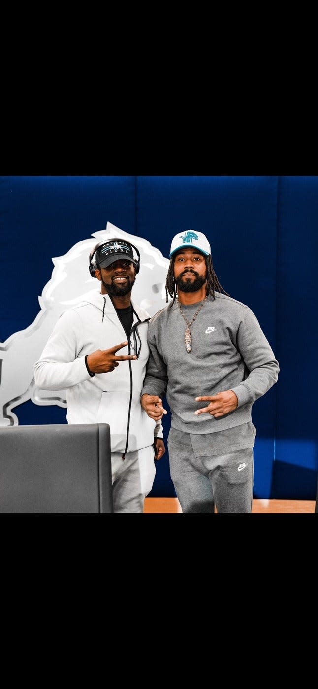 Detroit Lions cornerback Cam Sutton poses for a photo with his friend Pat Petty. Sutton signed a three-year, $33 million deal with the Lions after playing for the Pittsburgh Steelers for six seasons.