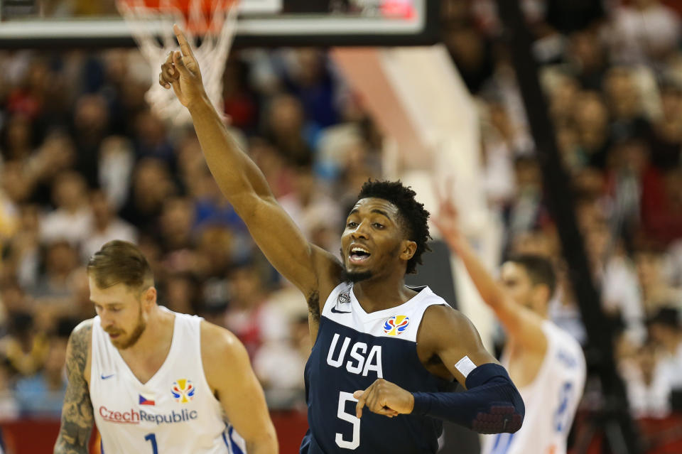 SHANGHAI, CHINA - SEPTEMBER 01: Donovan Mitchell of team USA reacts during the 1st round match between Czech Republic and USA of 2019 FIBA World Cup at Shanghai Oriental Sports Center on September 01, 2019 in Shanghai, China. (Photo by Yifan Ding/Getty Images)