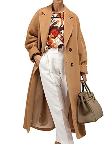 Himosyber Women Wool Blend Pea Coat Camel Notched Collar Double Breasted Outerwear Jacket (Camel-Medium)