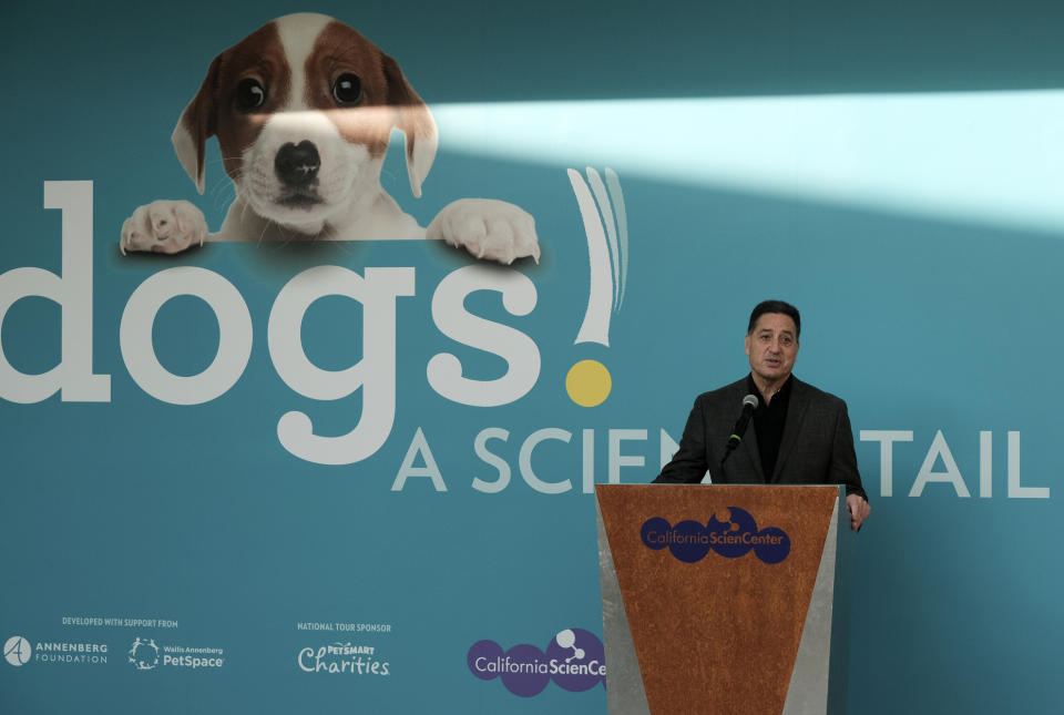 In this Tuesday, March 12, 2019 photo Jeffrey Rudolph President of the California Science Center announces a new exhibition called "Dogs! A Science Tail," that is part science, part history, part Norman Rockwell Americana and of course all canine. The exhibit opens to the public on Saturday March 16, 2019. (AP Photo/Richard Vogel)