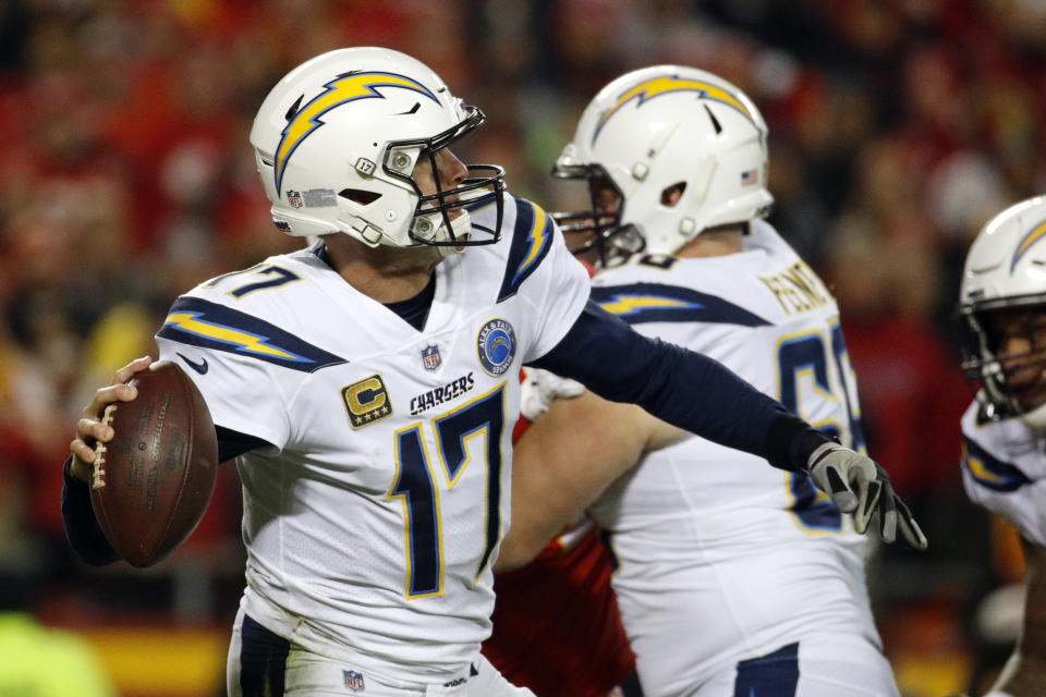 Los Angeles Chargers quarterback Philip Rivers (17) led a great comeback to beat the Chiefs. (AP)