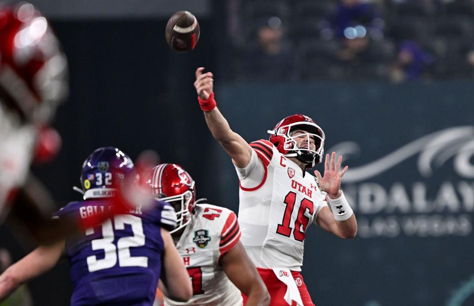 Utah Utes quarterback Bryson Barnes (16) winds up for a long pass that was intercepted as Utah and Northwestern play in the SRS Distribution Las Vegas Bowl on Saturday, Dec. 23, 2023. | Scott G Winterton, Deseret News