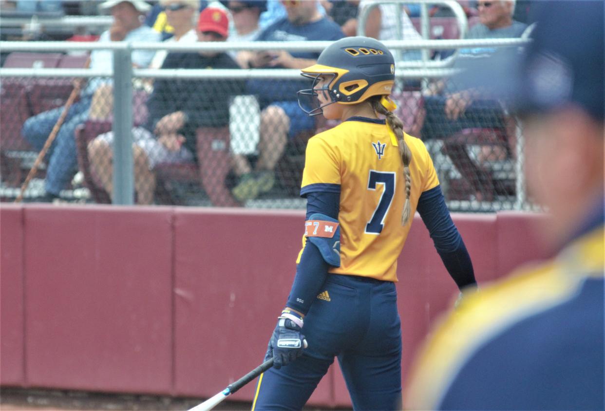 Aubrey Jones waits on deck during an MHSAA Division 2 softball state quarterfinal matchup between Gaylord and Hudsonville Unity Christian on Tuesday, June 13 at Margo Jonker Stadium on the campus of Central Michigan University, Mount Pleasant, Mich.