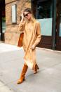 <p>The 29-year-old opted for a biscuit-hued ensemble whilst out in New York, with matching tan boots and bag and a sand-coloured dress by MILLE.</p><p>MILLE, Jasmine Dress in Almond, £188</p><p><a class="link " href="https://shopmille.com/collections/new-arrivals/products/jasmine-dress-in-almond" rel="nofollow noopener" target="_blank" data-ylk="slk:SHOP NOW;elm:context_link;itc:0;sec:content-canvas">SHOP NOW</a></p>