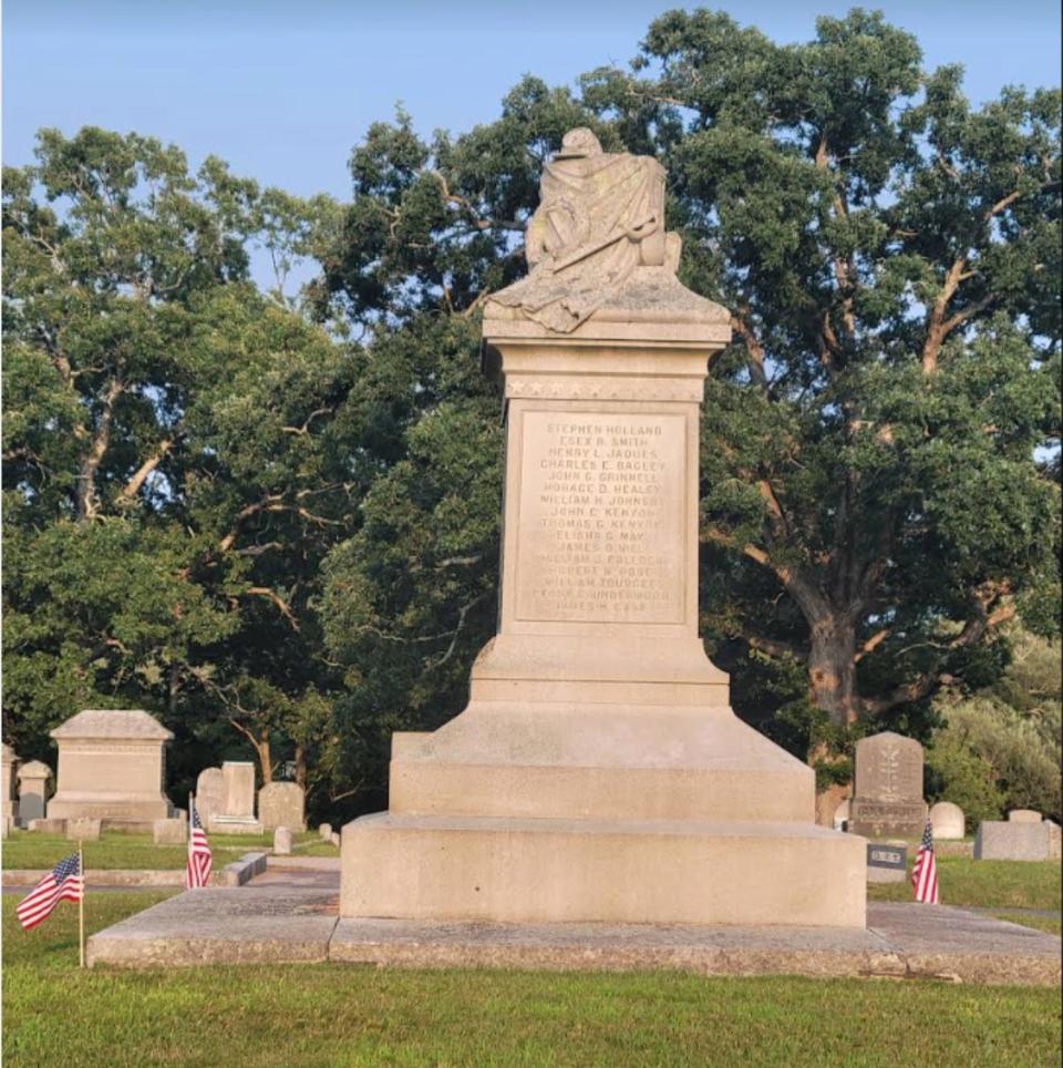The Soldiers and Sailors Monument at Wakefield's Riverside Cemetery honors fallen military members from South Kingstown through the Civil War. The names of 64 soldiers and sailors appear, including Isaac Rodman’s.