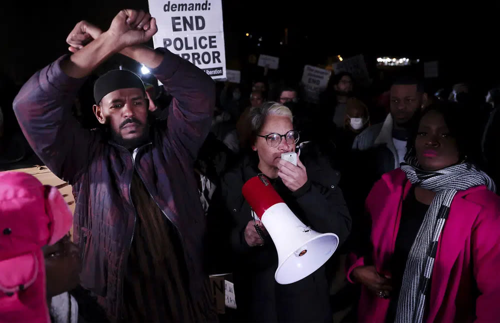 Protesters over the death of Tyre Nichols lead chants of “Hands up, don’t shoot” while blocking traffic on the Interstate 55 bridge Friday, Jan. 27, 2023, in Memphis, Tenn. (Patrick Lantrip/Daily Memphian via AP)