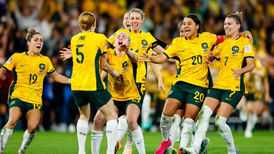 Cortnee Vine celebrates scoring the winning penalty for Australia against France