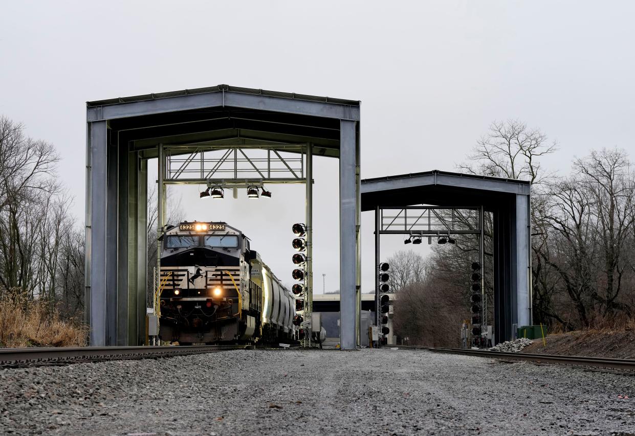 A Norfolk Southern train passes through a digital train inspection portal in Columbiana County, west of East Palestine Thursday, January 25, 2024. The portal contains 38 high-resolution cameras equipped with stadium lighting.
As a train comes through the portal the system captures between 700-1,000 pictures per car, giving a 360-degree image of each rail car to. AI is used to find defects.