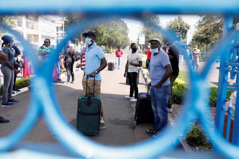 FILE PHOTO: Kenyans under quarantine protest being held because of the coronavirus disease outbreak for more than the usual 14 days at Kenyatta University near Nairobi