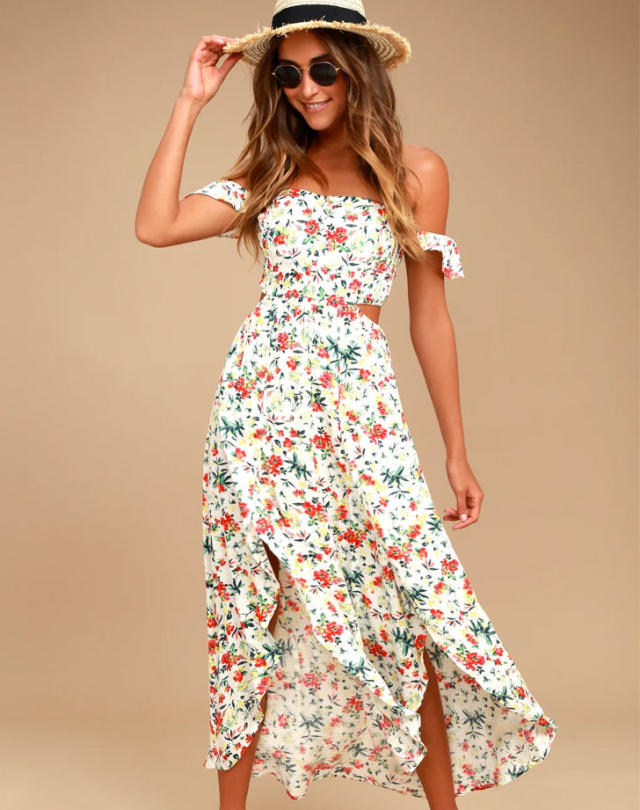 Lulus Women's Heart of Marigold Short Sleeve Wrap Maxi Dress, Navy Blue and White Floral Print