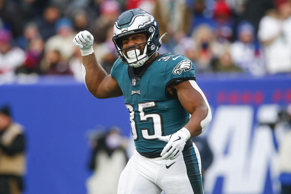 Philadelphia Eagles' Boston Scott reacts after his touchdown during the second half of an NFL football game against the New York Giants, Sunday, Nov. 28, 2021, in East Rutherford, N.J. (AP Photo/John Munson)