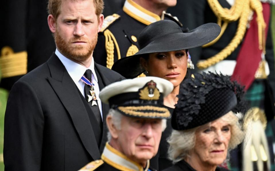 <div class="inline-image__caption"><p>Britain's Meghan, Duchess of Sussex, cries as she, Prince Harry, Duke of Sussex, Queen Camilla and King Charles attend the state funeral and burial of Britain's Queen Elizabeth, in London, Britain, September 19, 2022.</p></div> <div class="inline-image__credit">REUTERS/Toby Melville/File Photo</div>