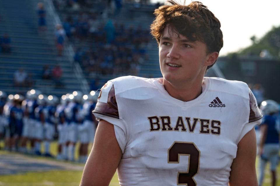 Brebeuf Jesuit Braves’ kicker Quinn Warren prepares for the game against Bishop Chatard Trojans on Friday, Aug. 18, 2023, at Bishop Chatard High School in Indianapolis.