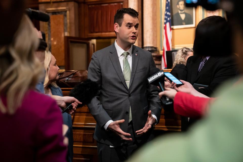 Iowa Senate Democratic Leader Zach Wahls, D-Coralville, answers questions from the press after Gov. Kim Reynolds' Condition of the State address, on Tuesday evening, Jan. 10, 2023, at the Iowa State Capitol, in Des Moines.