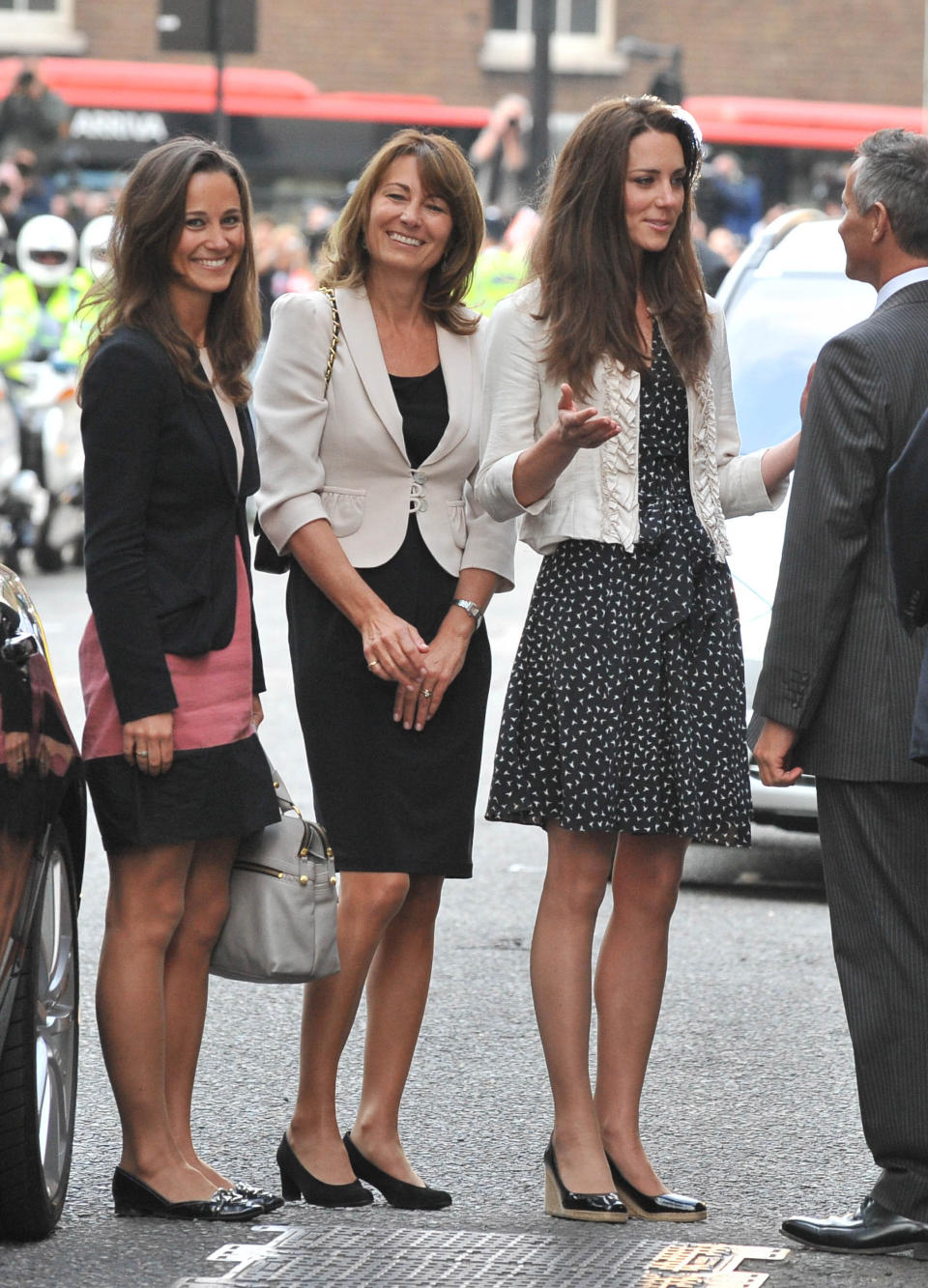 Middleton arrives at London's Goring Hotel with her mother, Carole, and sister, Kate, on April 28, 2011, the day before the royal wedding.