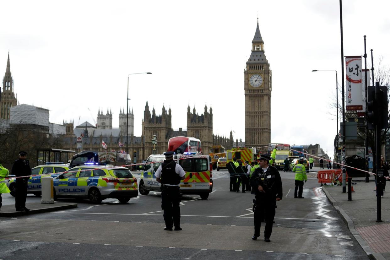 The scene outside the Palace of Westminster, London, where Pc Keith Palmer was fatally stabbed by Khalid Masood: AP