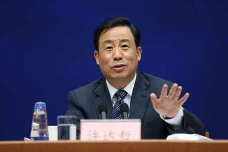 Xu Dazhe, head of China National Space Administration gestures as he attends a news conference in Beijing, China, April 22, 2016. China Daily/via REUTERS