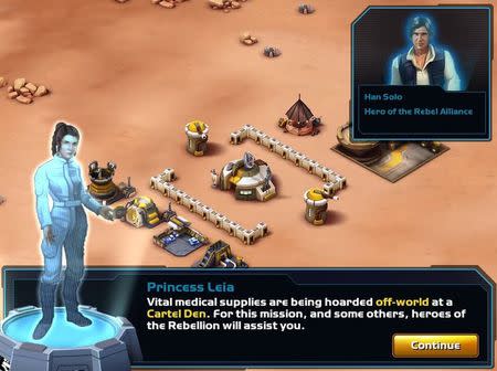 A screen shot from "Star Wars: Commander," a free mobile app that lets players direct battles with franchise heroes Han Solo, Chewbacca and Princess Leia. REUTERS/Walt Disney Co.