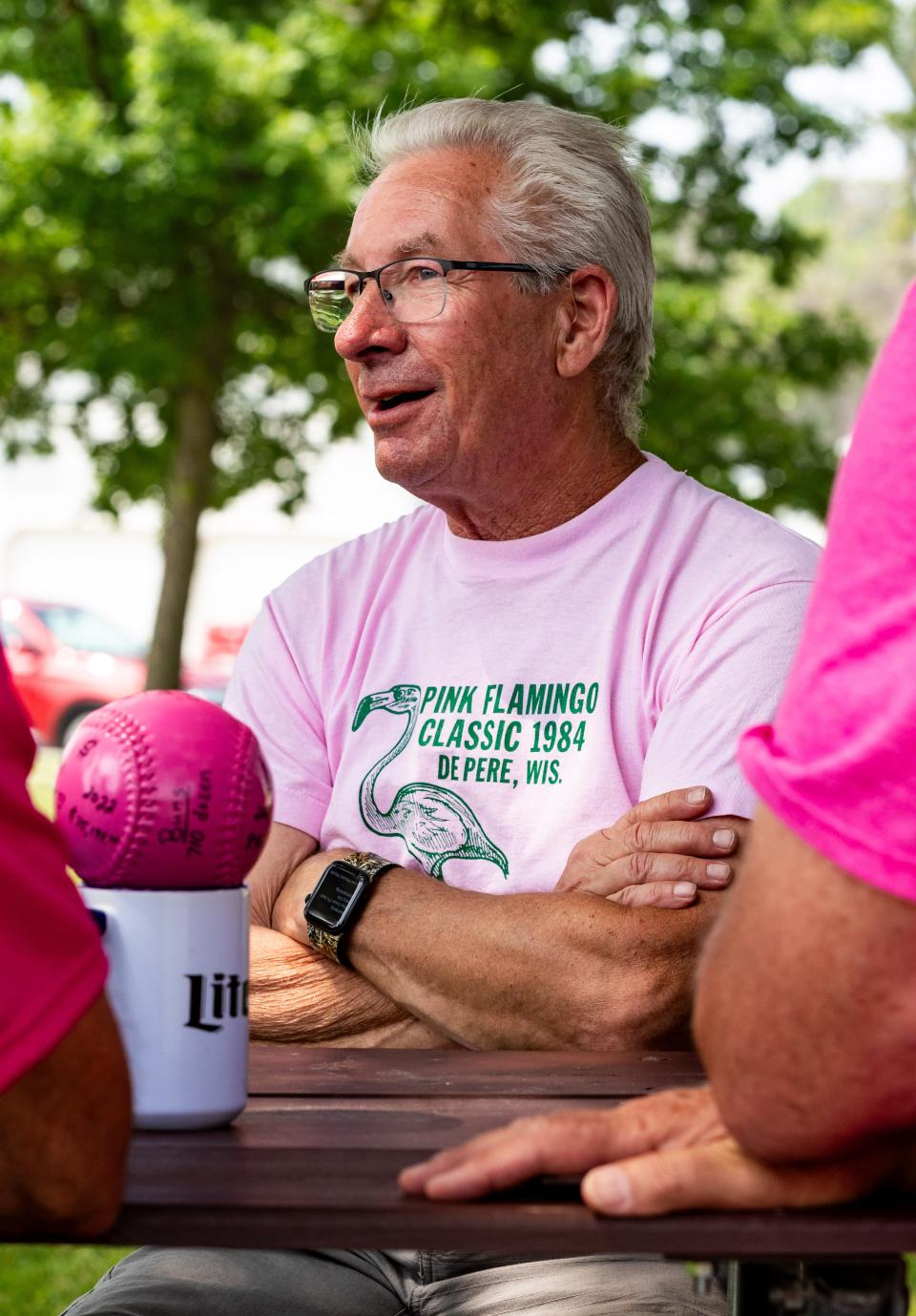 Jeff Gorenc wears a T-shirt from the inaugural Pink Flamingo Classic in 1984. Each year, the event unveils a new design, and there's often a line winding through Legion Park when T-shirts go on sale at 3 p.m. Friday.