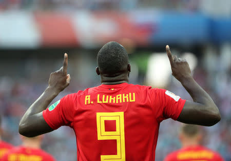 El delantero de la selección de fútbol de Bélgica Romelu Lukaku festeja tras convertir un doblete frente a Panamá en su duelo por el grupo G de la Copa del Mundo de la FIFA en Sochi, Rusia, jun 18, 2018. REUTERS/Marcos Brindicci