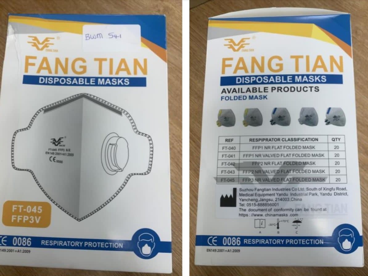 Fang Tian FFP3 face masks that are the subject of a safety warning (MHRA)