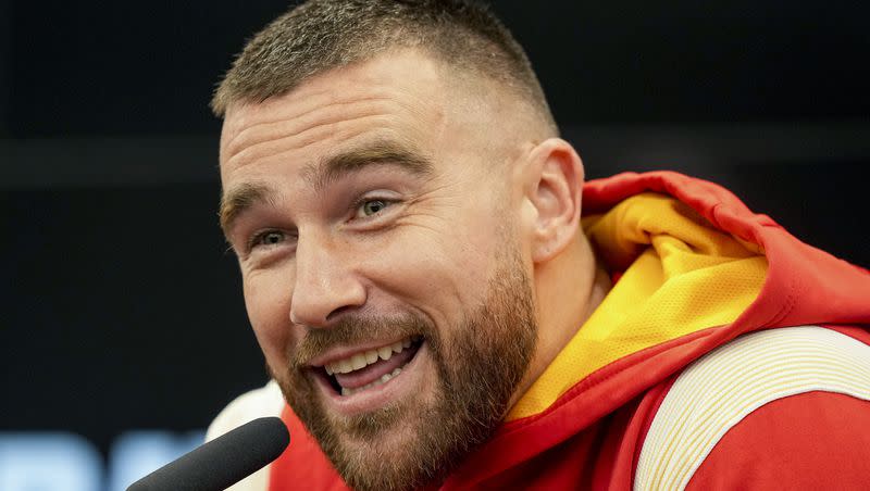 Kansas City Chiefs tight end Travis Kelce reacts when asked about Taylor Swift in Frankfurt, Germany, Friday, Nov. 3, 2023.