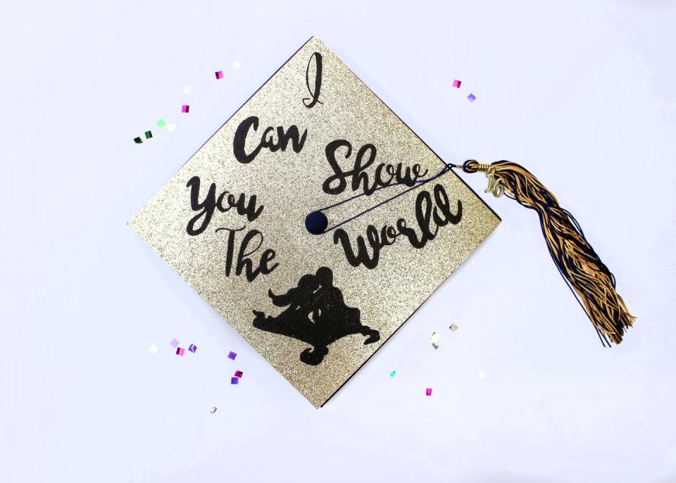 <p>Learn how to make this golden, glittery cap (complete with the cutest quote!) by using this tutorial.</p><p><strong>Get the tutorial at <a href="https://mariahcooke.com/decorating-graduation-cap-diy/" rel="nofollow noopener" target="_blank" data-ylk="slk:Mariah Cooke;elm:context_link;itc:0;sec:content-canvas" class="link ">Mariah Cooke</a>.</strong></p>