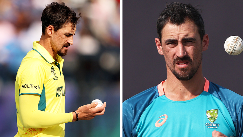 Mitchell Starc looks at the ball and Starc in training.