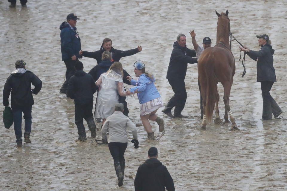  Connections to Country House celebrate as Country House was declared the winner after a stewards review disqualified Maximum Security following the 145th running of the Kentucky Derby. (Getty Images)