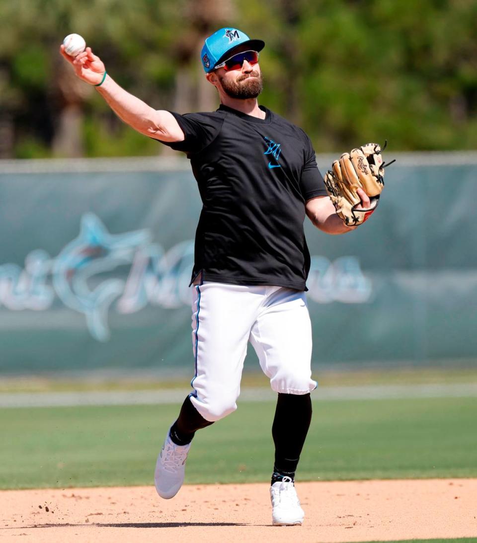 Miami Marlins infielder Jon Berti throws to first base during spring training at Roger Dean Chevrolet Stadium in Jupiter, Florida on Tuesday, February 20, 2024.
